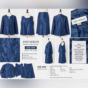Vintage Ann Gerlin Blue Satin Embroidered 2-Piece Skirt Suit Set